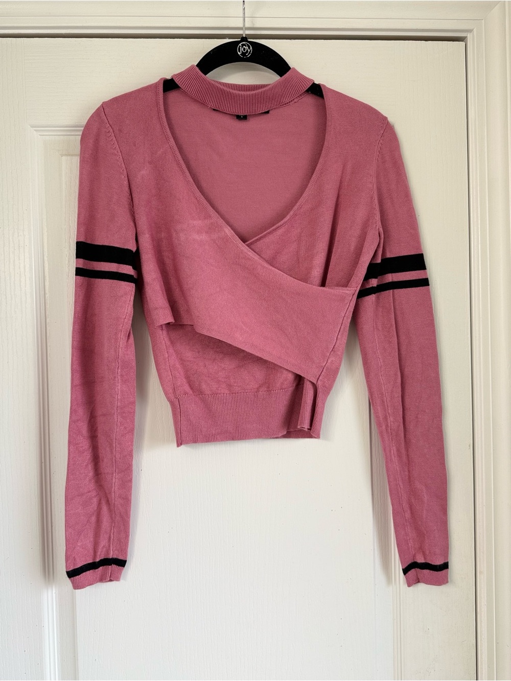 Guess Rose Pink Layered Wrap Crropped Sweater with Black Stripes
